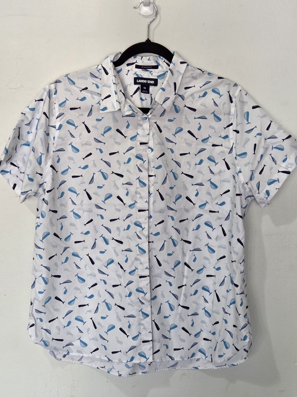 Lands' End Whale Print Short Sleeve Button Shirt White Blue 16 XL
